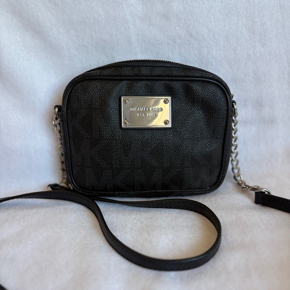 Michael Kors Black Monogram Crossbody Camera Bag Silver Hardware